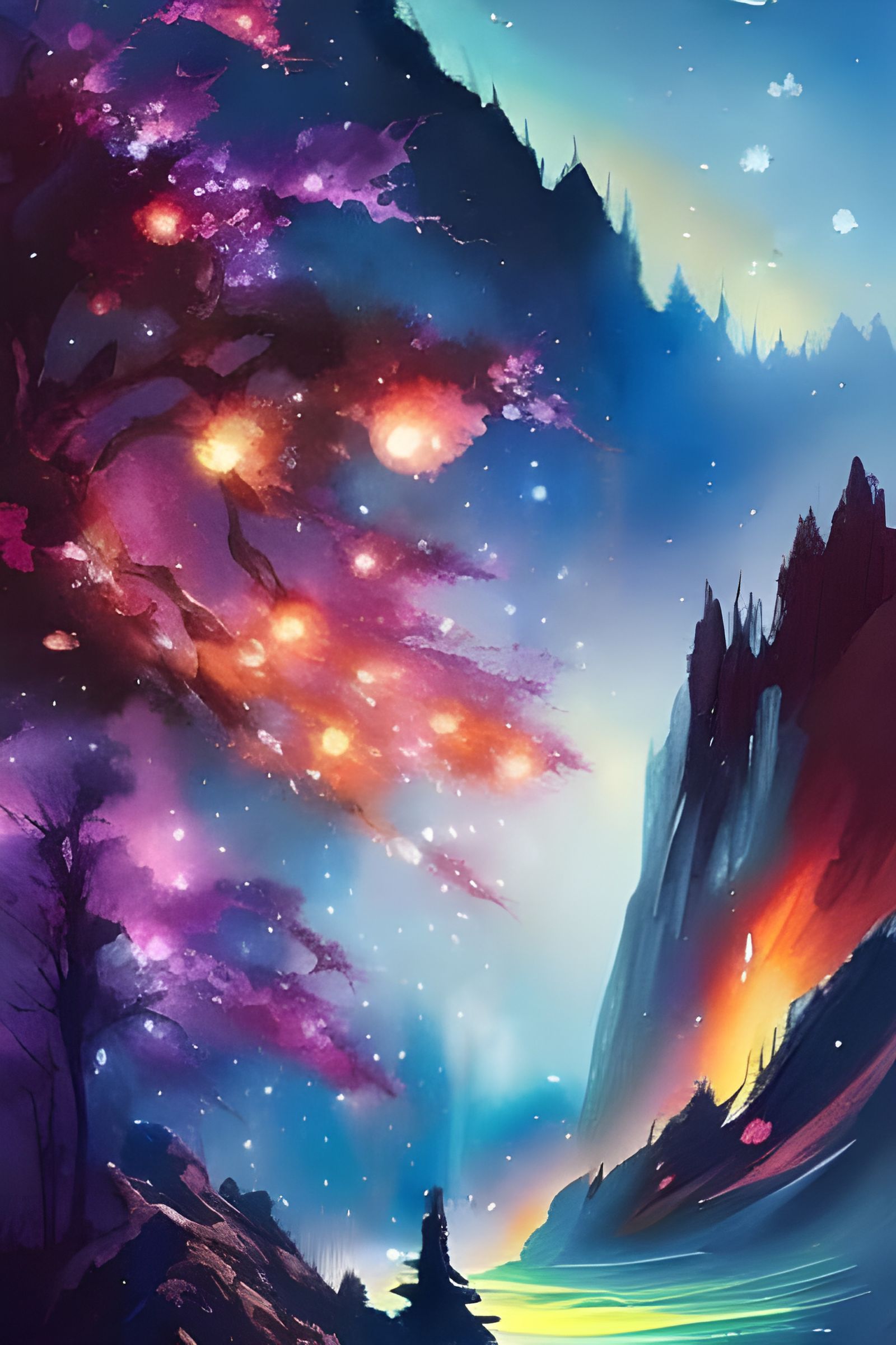 Fantastical Galaxy Landscape with Exploding Colors