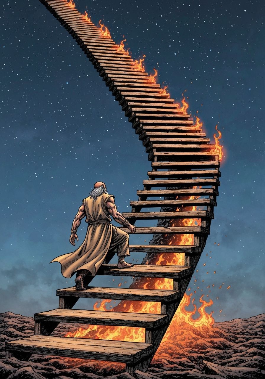 Man Ascends Burning Stairs to Starry Sky in Comic Art