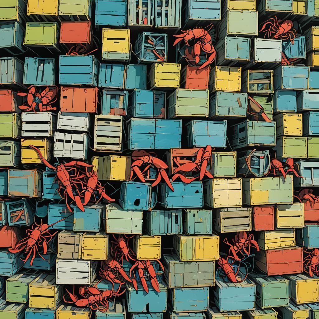 Lobster Traps on Wharf: Abstract Art in Comic Style