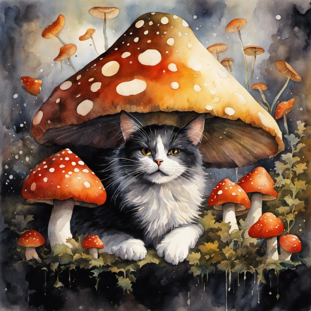 Black Cat's Magical Mushroom Adventure: Watercolor Illustrat...