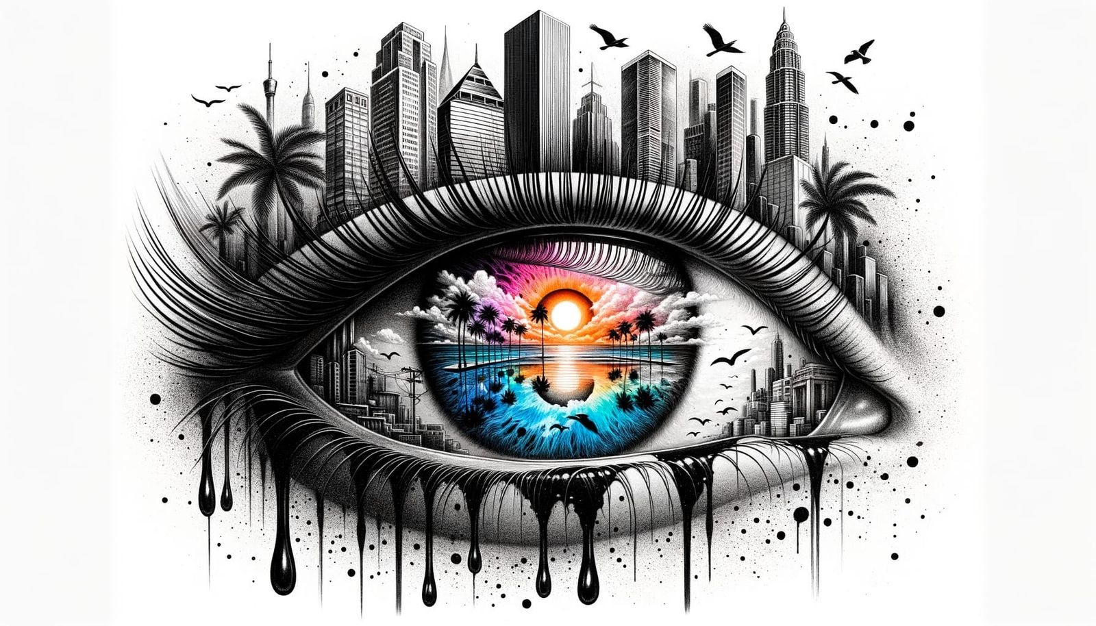 Surreal Eye Ink Drawing with Sunset Cityscape