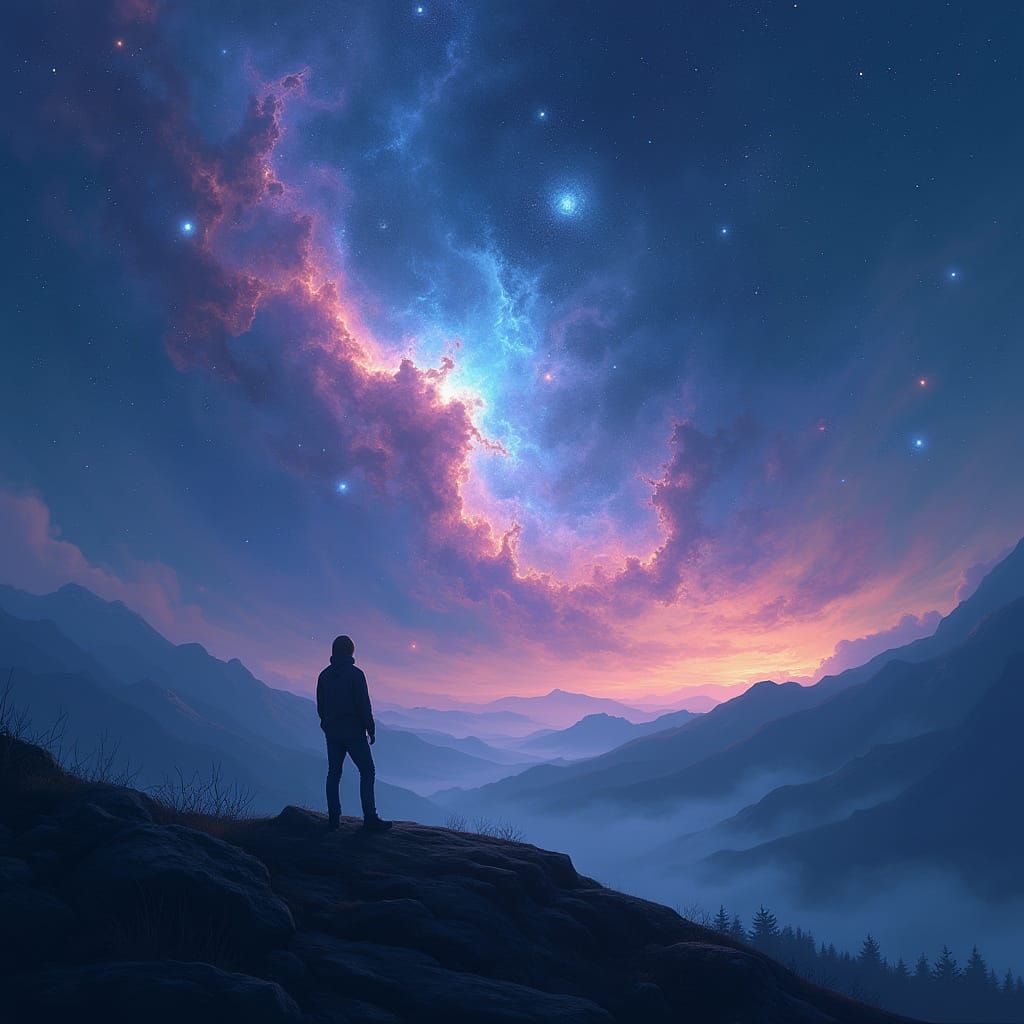 Lone Figure Gazes at Swirling Nebula on Mountaintop