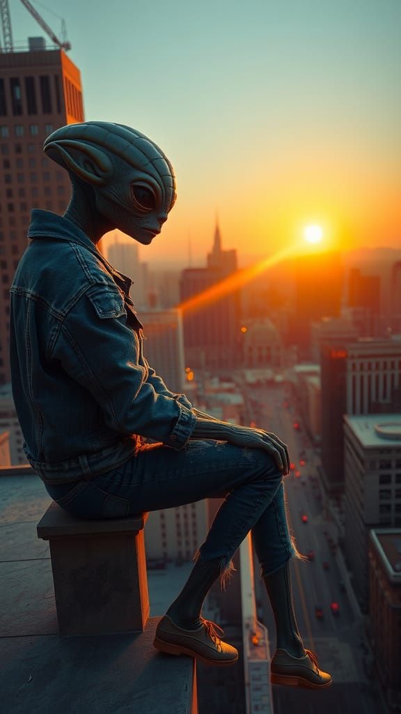 Alien on Rooftop in Urban Sci-Fi Style