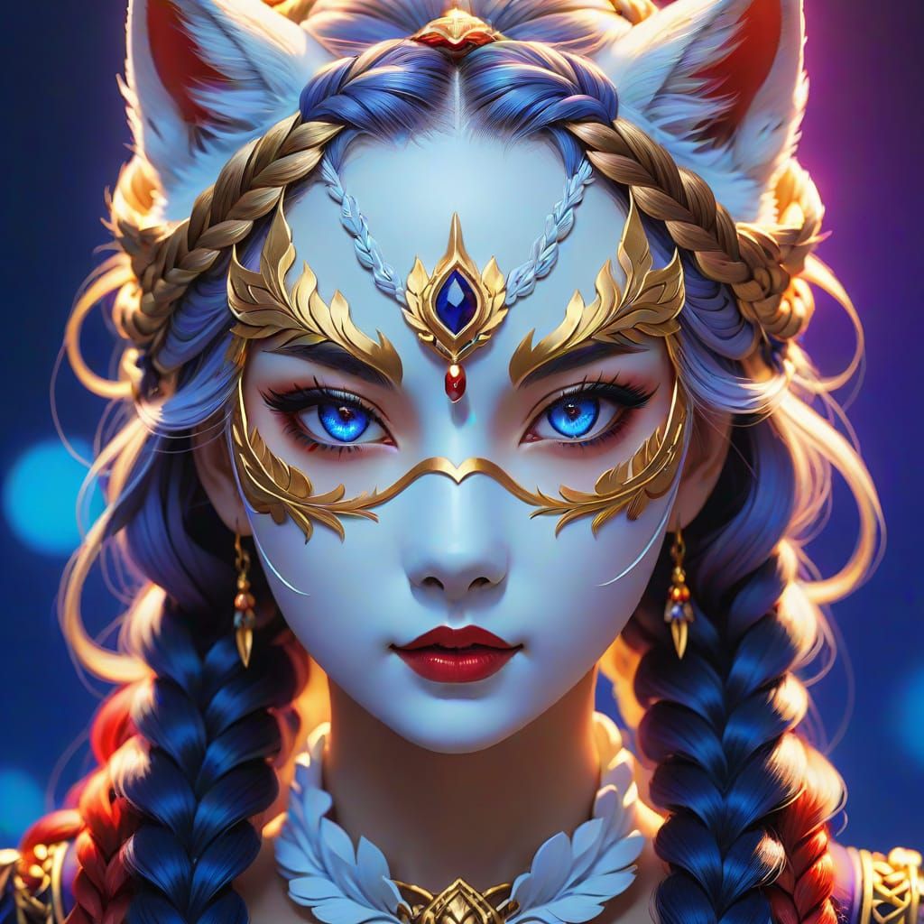 Surreal Anime Goddess in Fishtail Braid and Wolf Mask