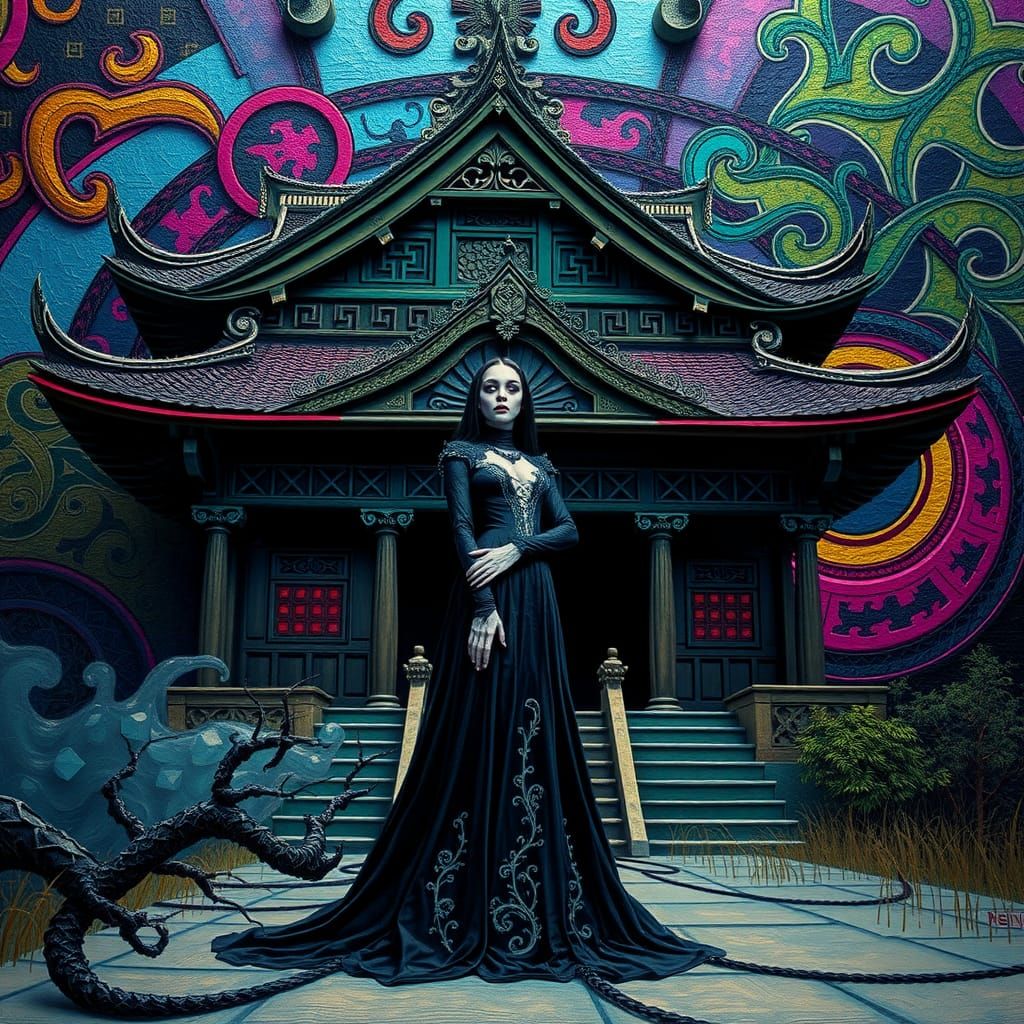 Morticia Addams in Surreal Japanese Temple, as Impasto