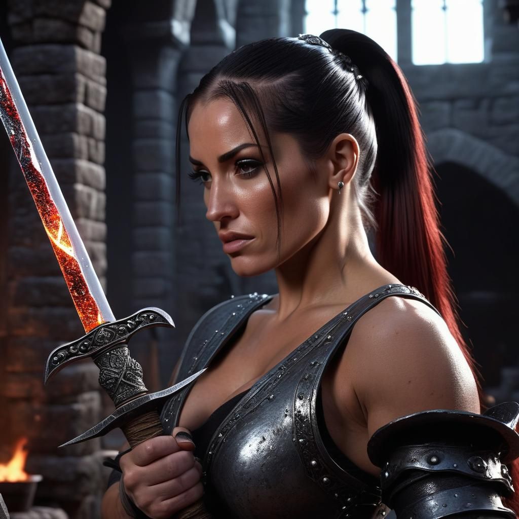 Blacksmith Forging Jeweled Sword: Dark Fantasy Concept Art