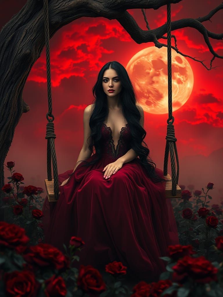 Elegant Female Model in Dark Crimson Gown, Surrounded by Bla...