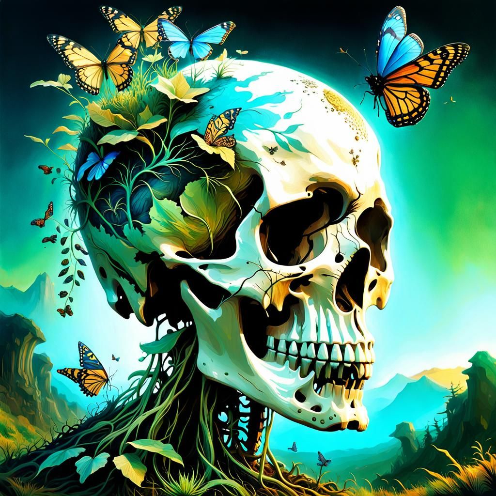 Intricate Skull Ecosystem: Digital Airbrush Fantasy Art