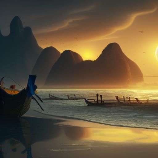 Thailand Beach Sunrise: Epic Dark Fantasy Art