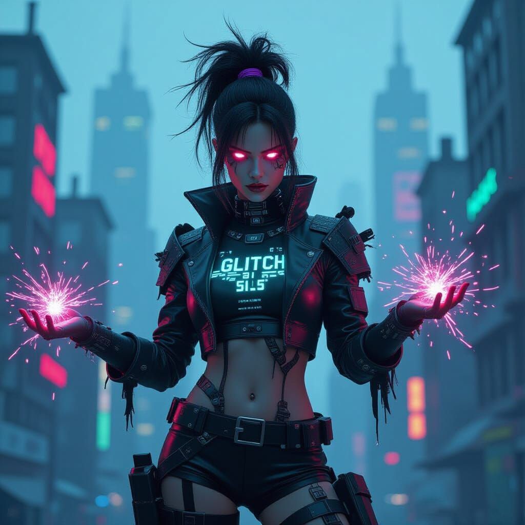 The Glitch: Digital Supervillain in Cyberpunk Cityscape