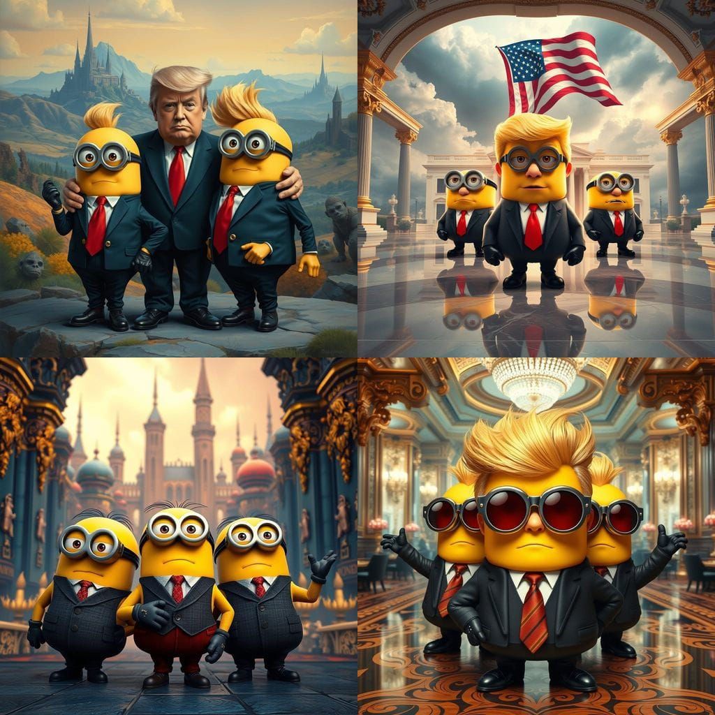 Minions Dressed as Donald Trump in Vibrant Fantasy World