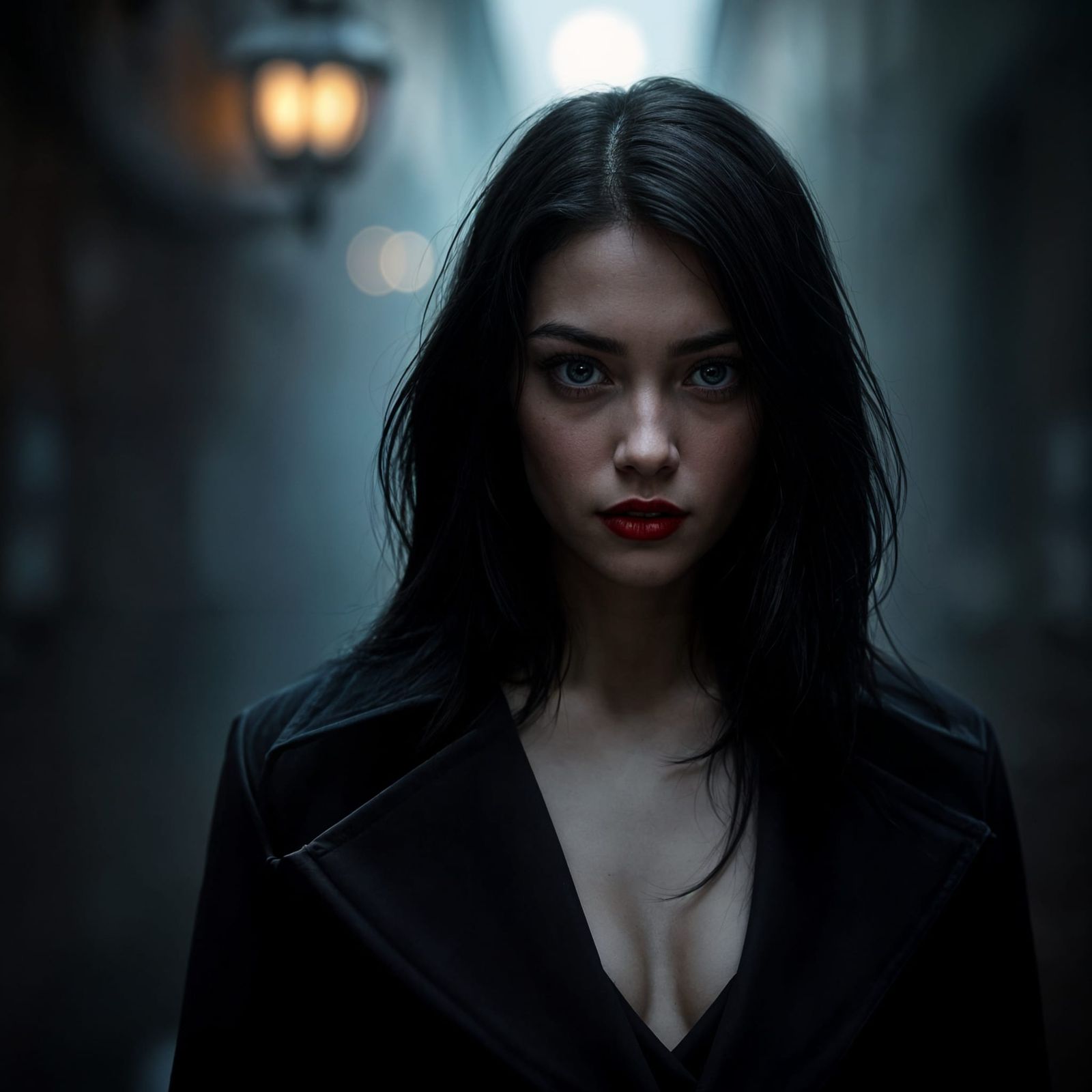 Mysterious Woman in Moonlit Alleyway: Film Noir Portrait