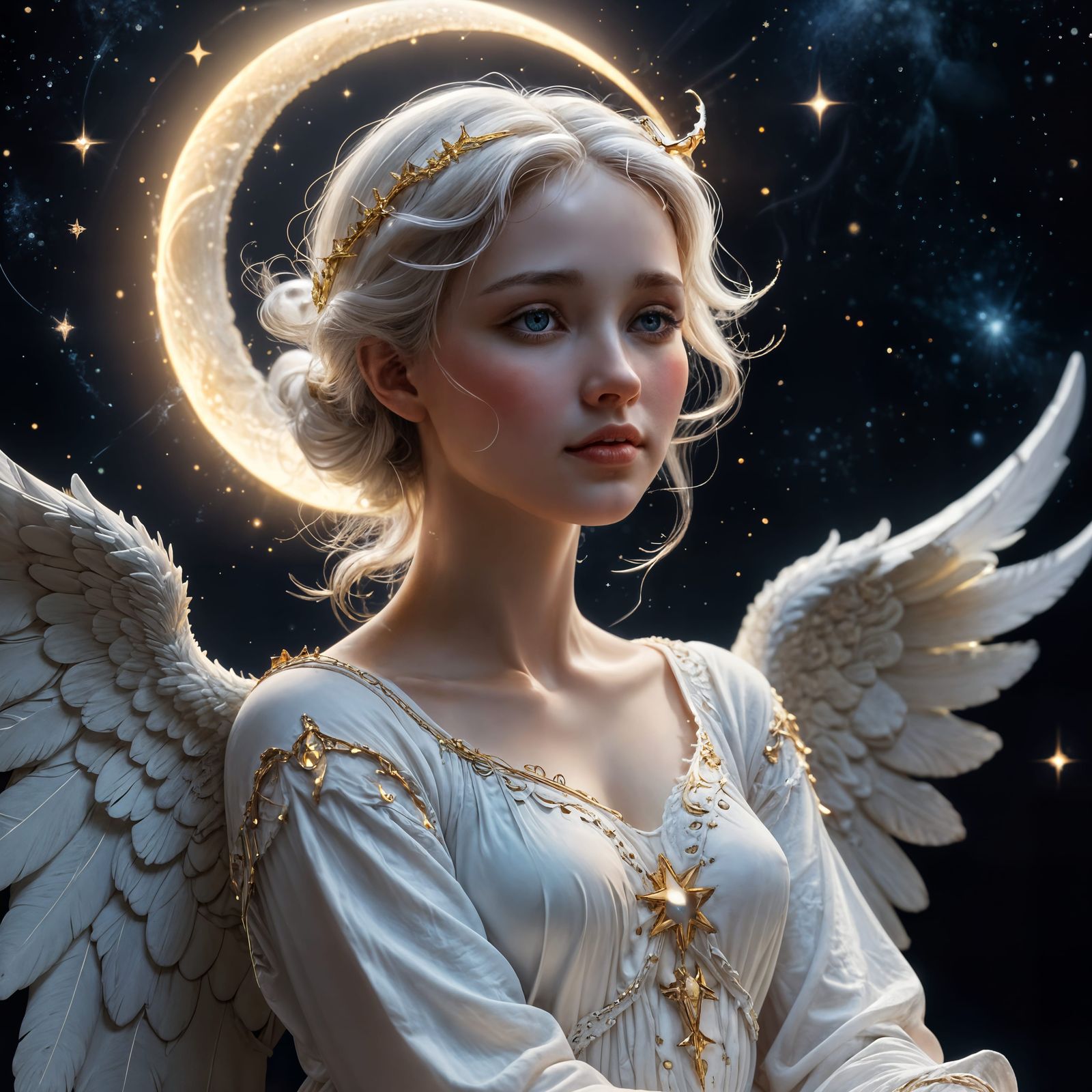Angel on Crescent Moon in Dreamy Surrealism