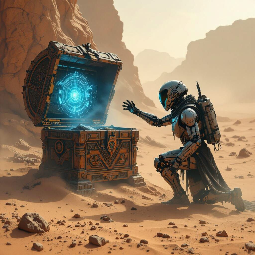 Cyborg Explorer and Alien Treasure Chest