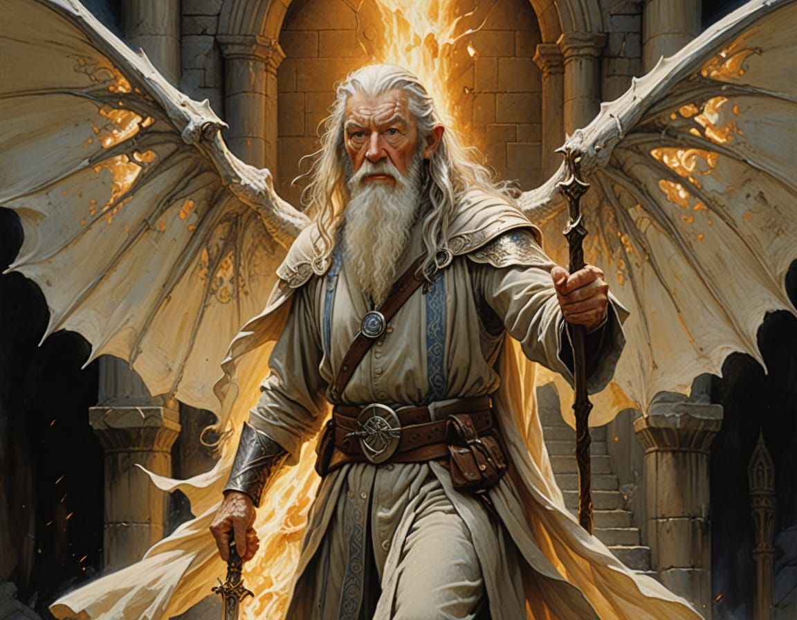 Fantasy Wizard with Sword and Staff Oil Painting