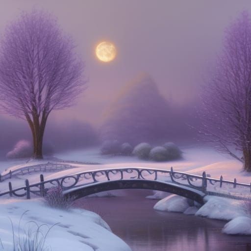 Snowy Lilac Winter Landscape in Oil Painting Style
