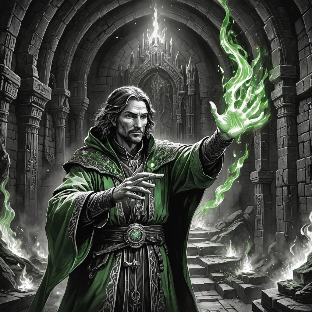 Monochrome Mage Conjuring Green Flame Astral Art