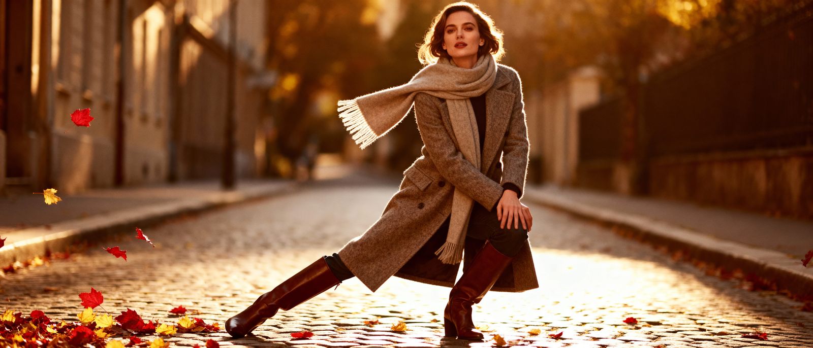 Woman Modeling Autumn Fashion on Cobblestone Street