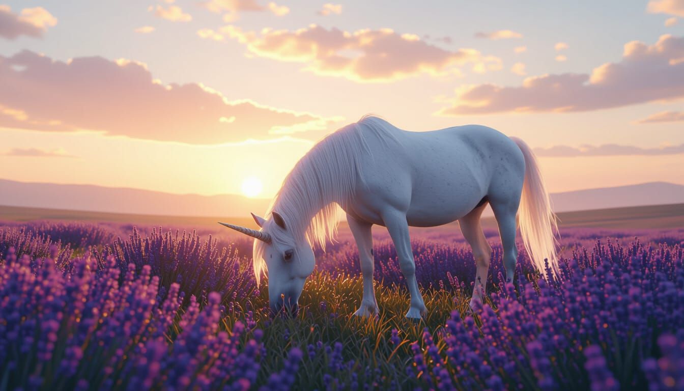 Unicorn Grazing in Lavender Field at Sunrise