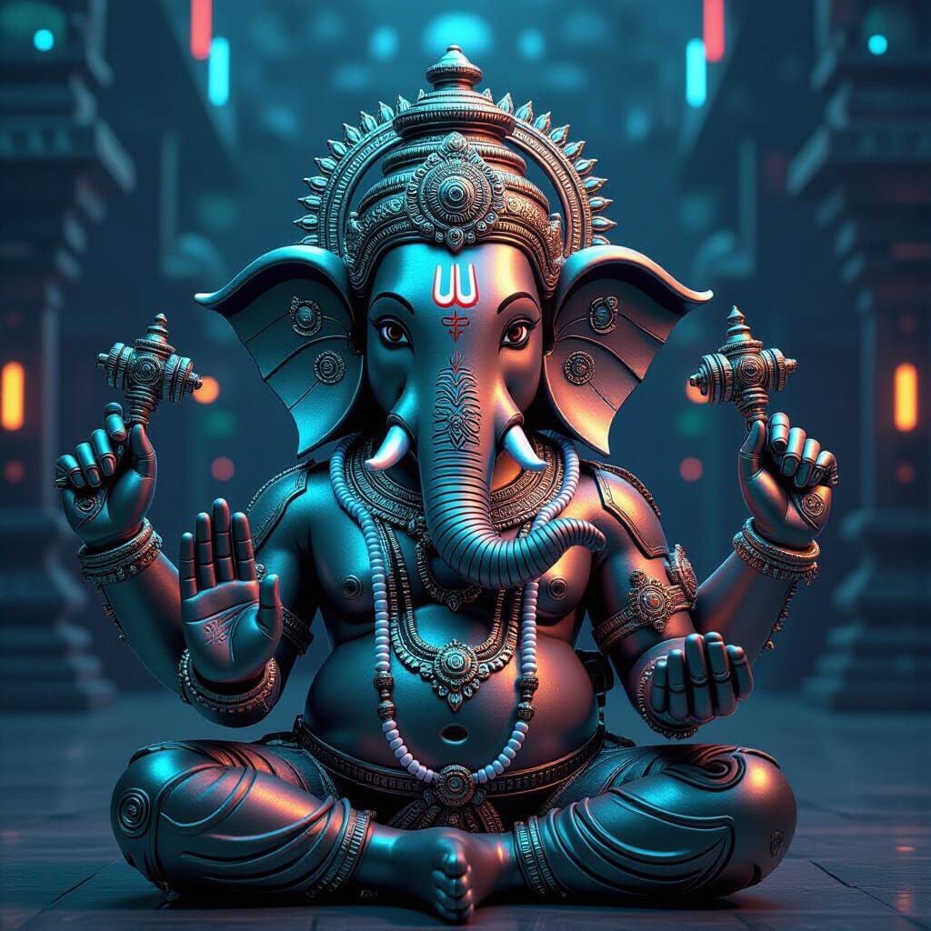 Robotic Lord Ganesha in Techno-Mythological Style