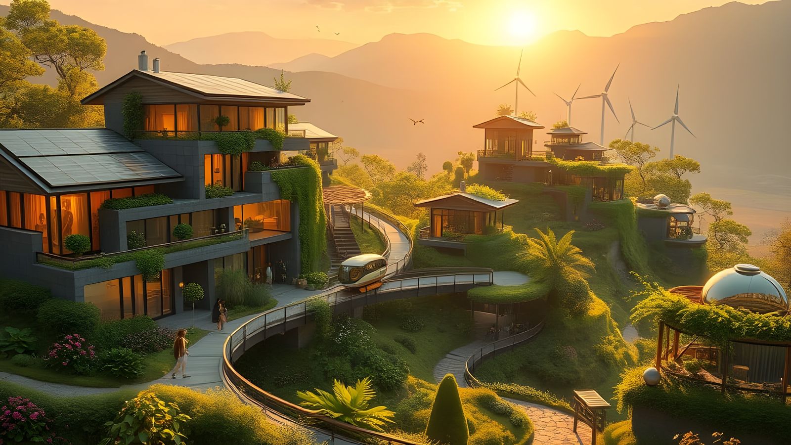 Surreal Solarpunk Eco-Village Unfolds on Sunlit Hillsides
