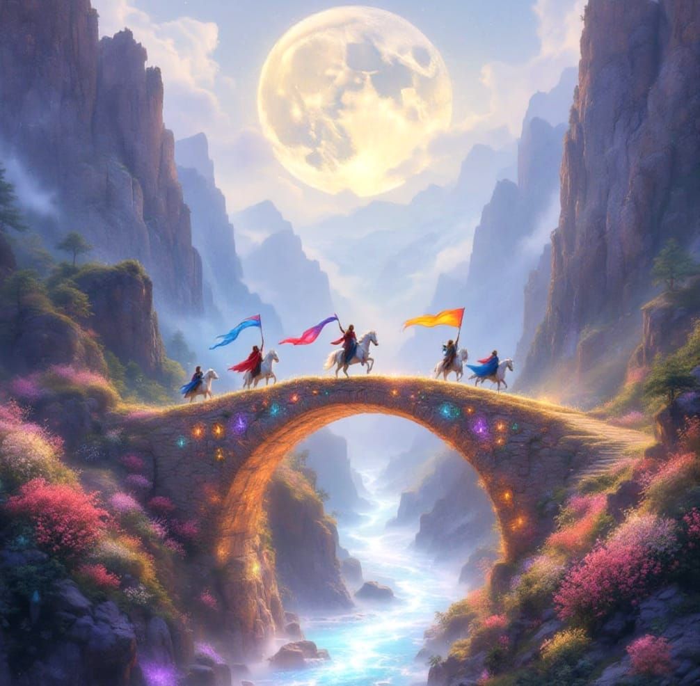Elven Riders Cross Ancient Bridge in Whimsical Fantasy Land