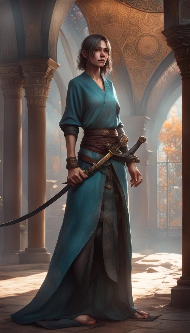 Woman with Sabre in Front of Monastery