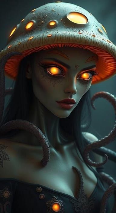 Sleek Mushroom-Eyed Monster Woman with Glowing Tentacles