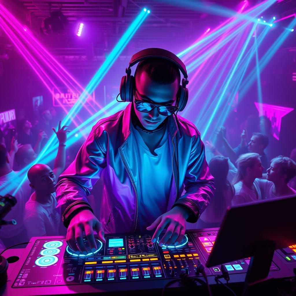 Cyberpunk DJ in Neon Nightclub with Dancing Crowd