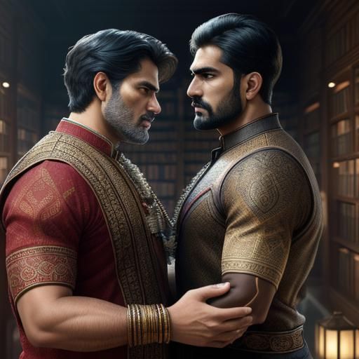 Intimate Library Moment: Hyperrealistic Digital Art of Two M...