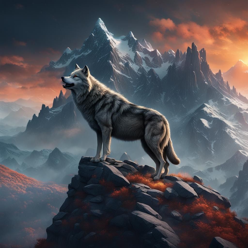 Wolf on Mountain Top: Detailed Matte Painting
