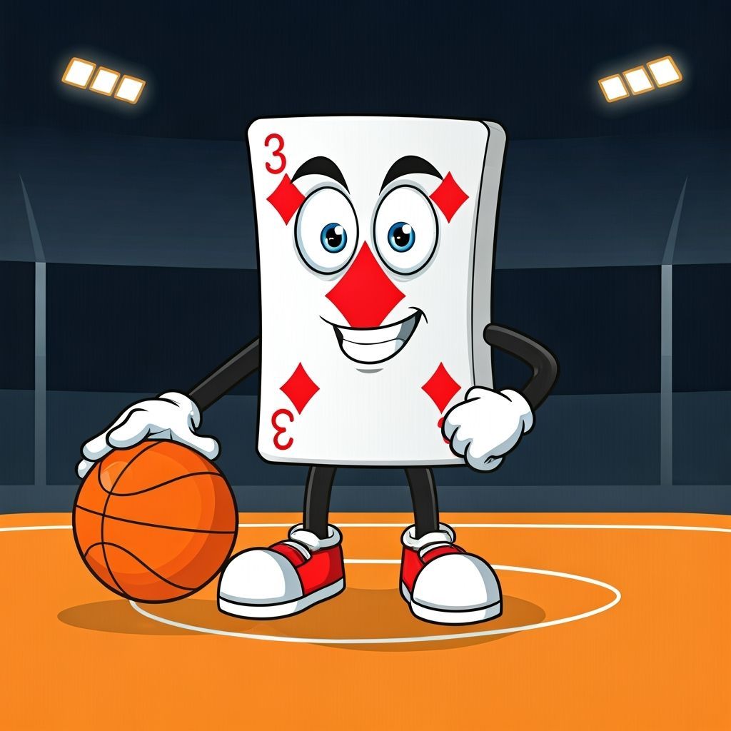 Cartoon Three of Diamonds Card Plays Basketball