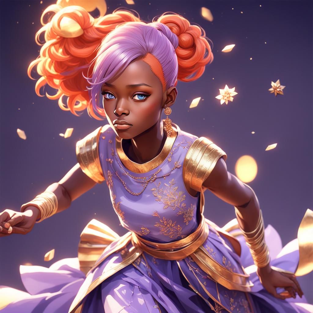 African American Woman in Lavender and Gold: 3D Anime Art