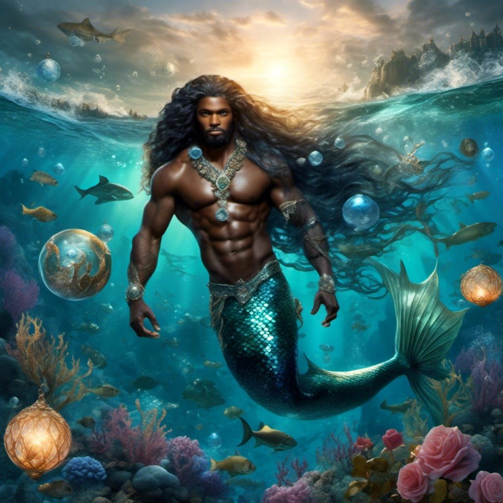 Merman with Crystal Orb in Ocean