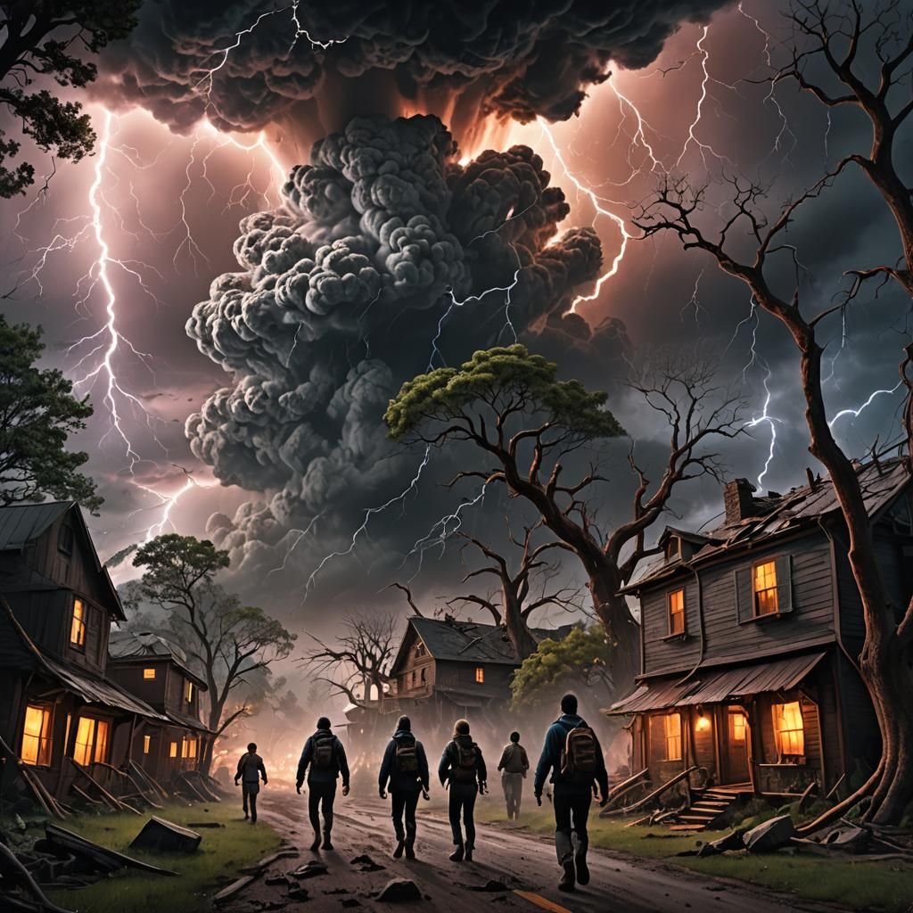 Epic Disaster Scene: Humans Flee a Fantastical Storm
