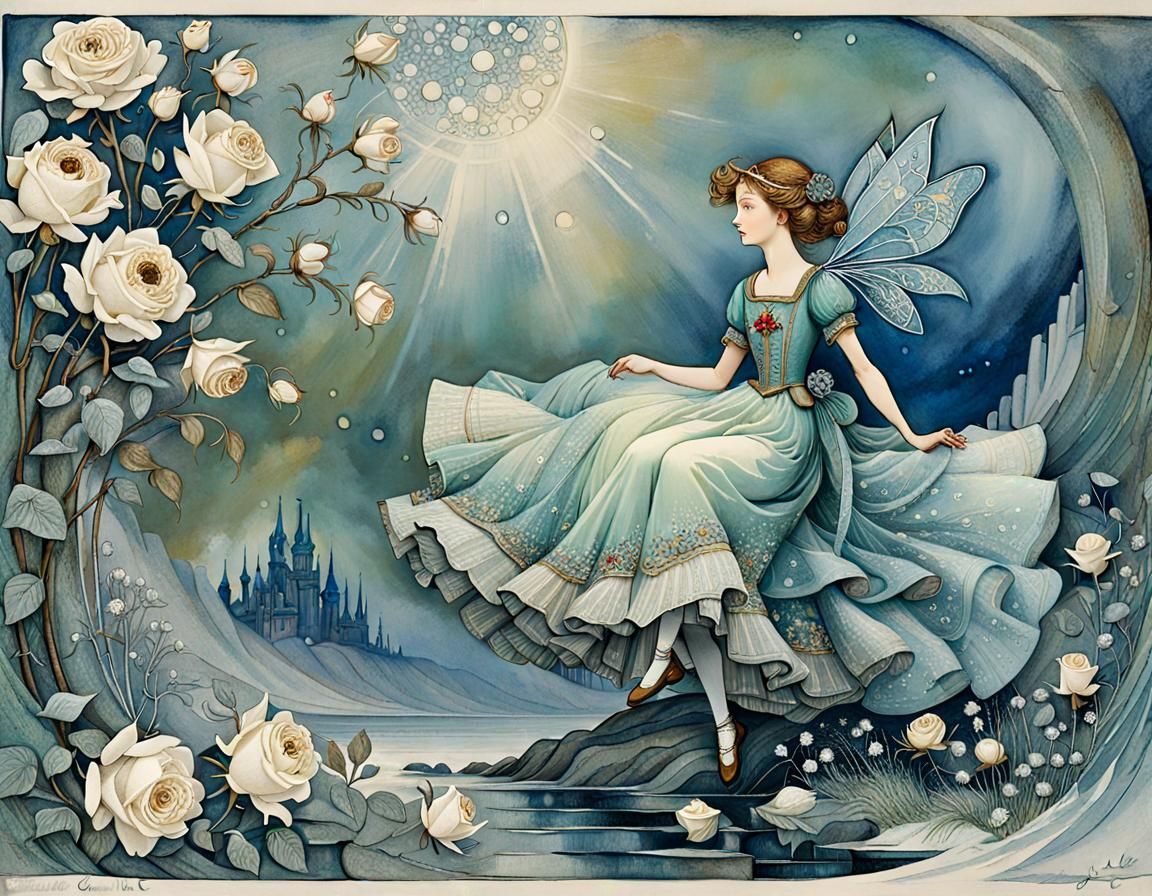 Crystal White Rose in Golden Age Illustration Style