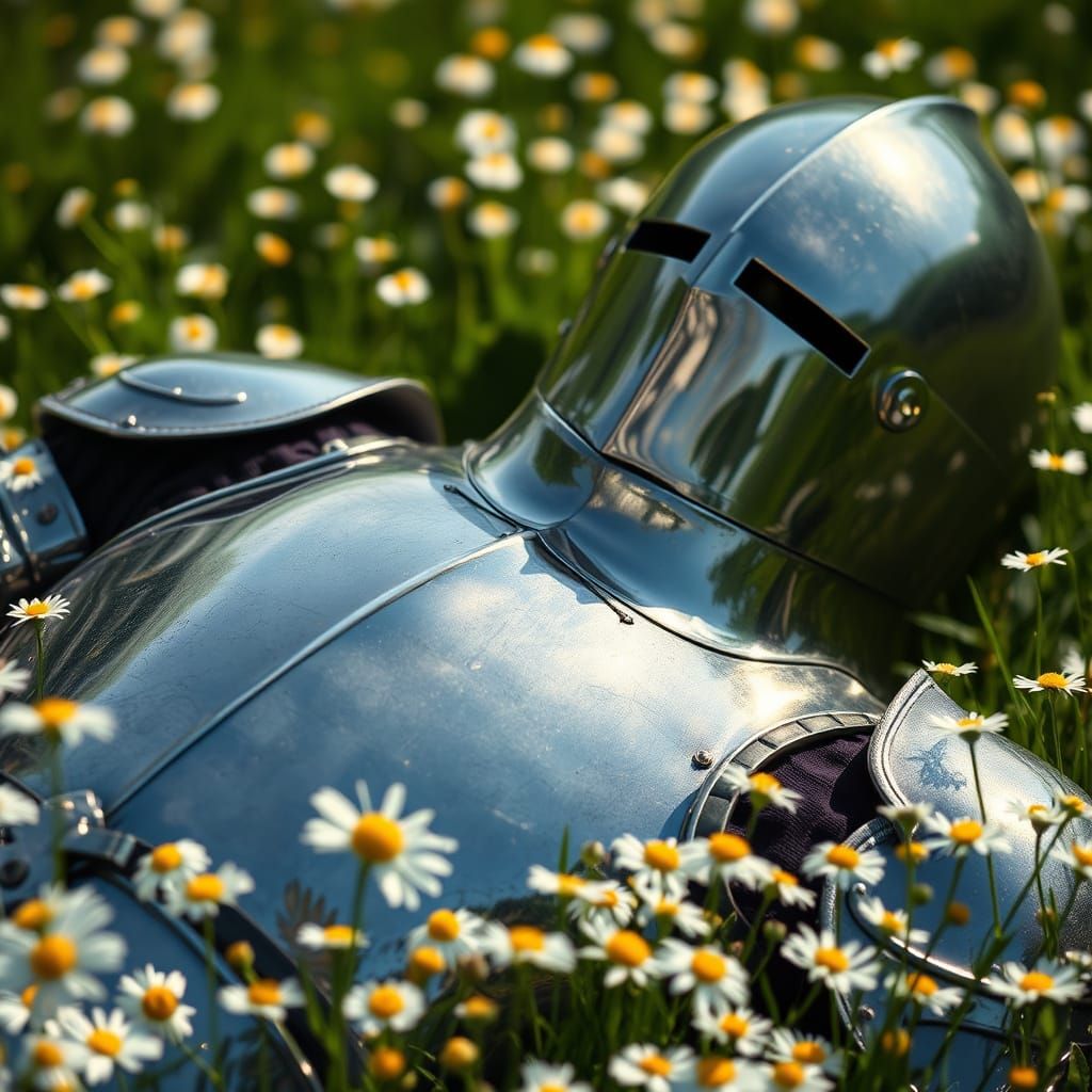 Medieval Knight's Armor in Lush Meadow with Blooming Daisies