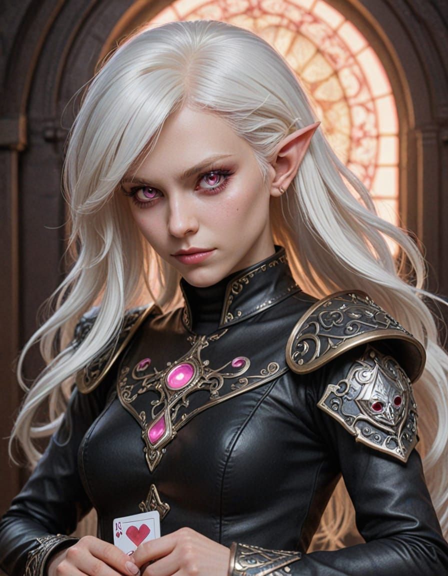 Albino Elf Playing Card with Glowing Eyes in DND Style