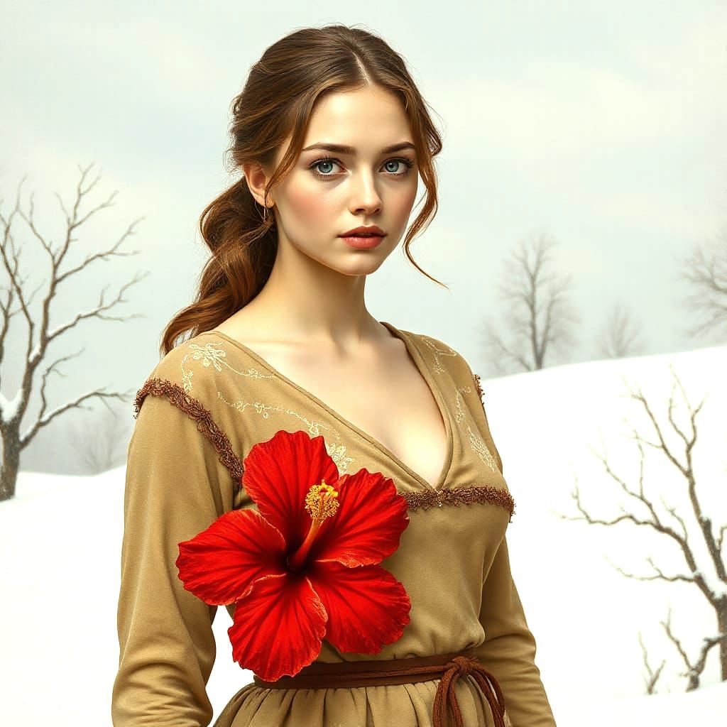 Winter Woman with Hibiscus Flower Portrait