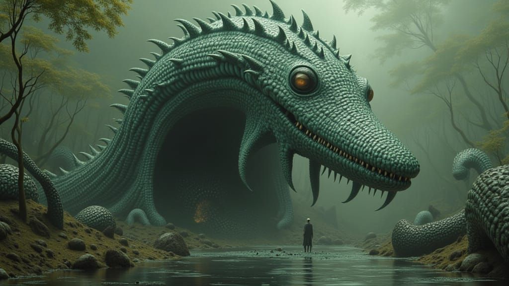 Colossal Amphibious Serpentine Monster in Swamp