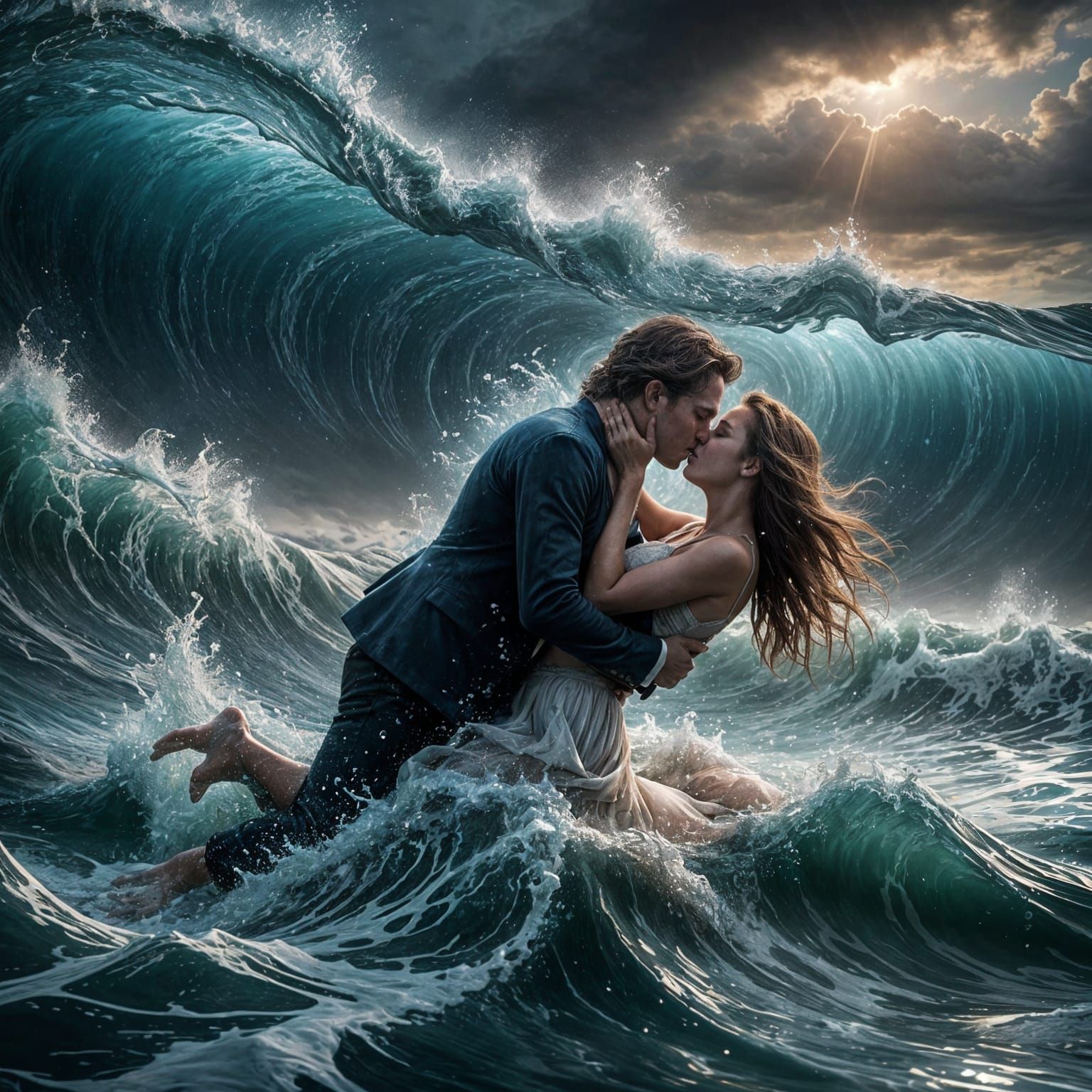 A Daring Underwater Kiss Amidst Turbulent Waves