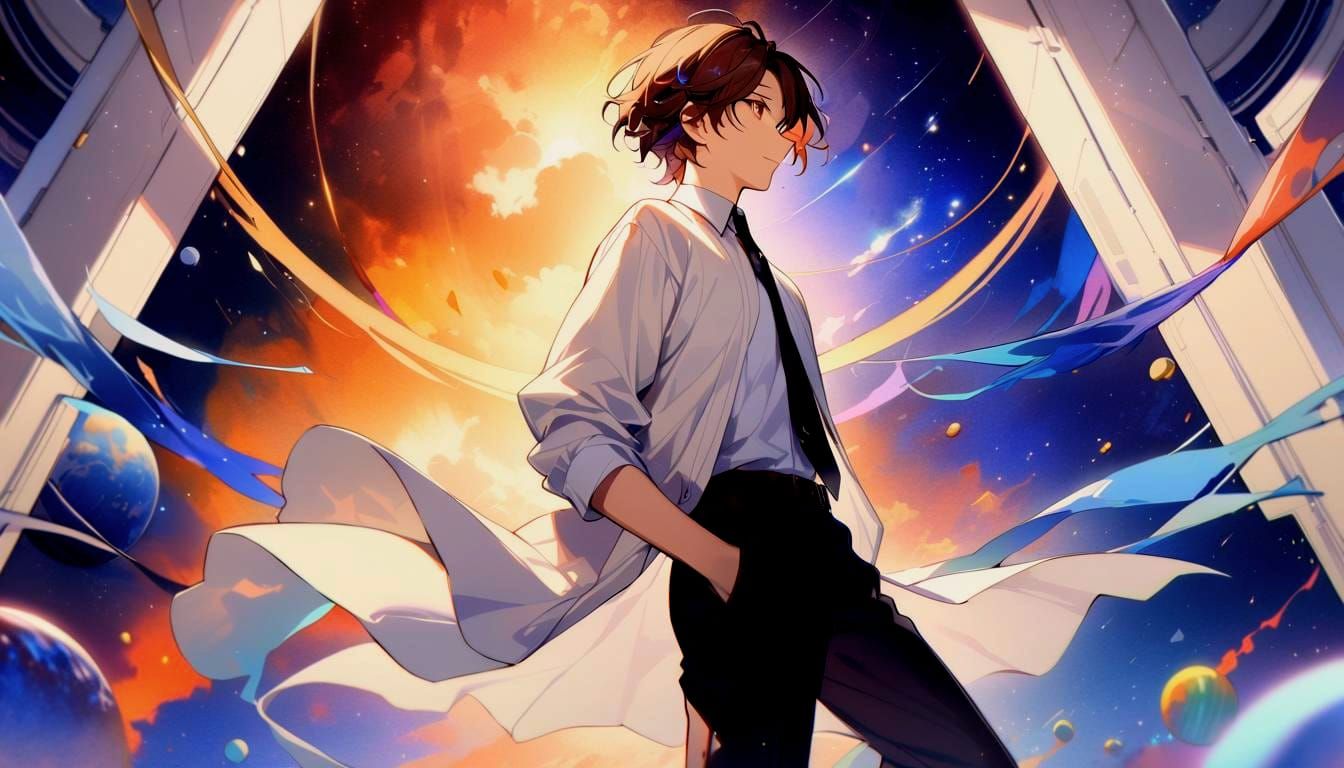 Youthful Man Floating in Space Nebula Watercolor