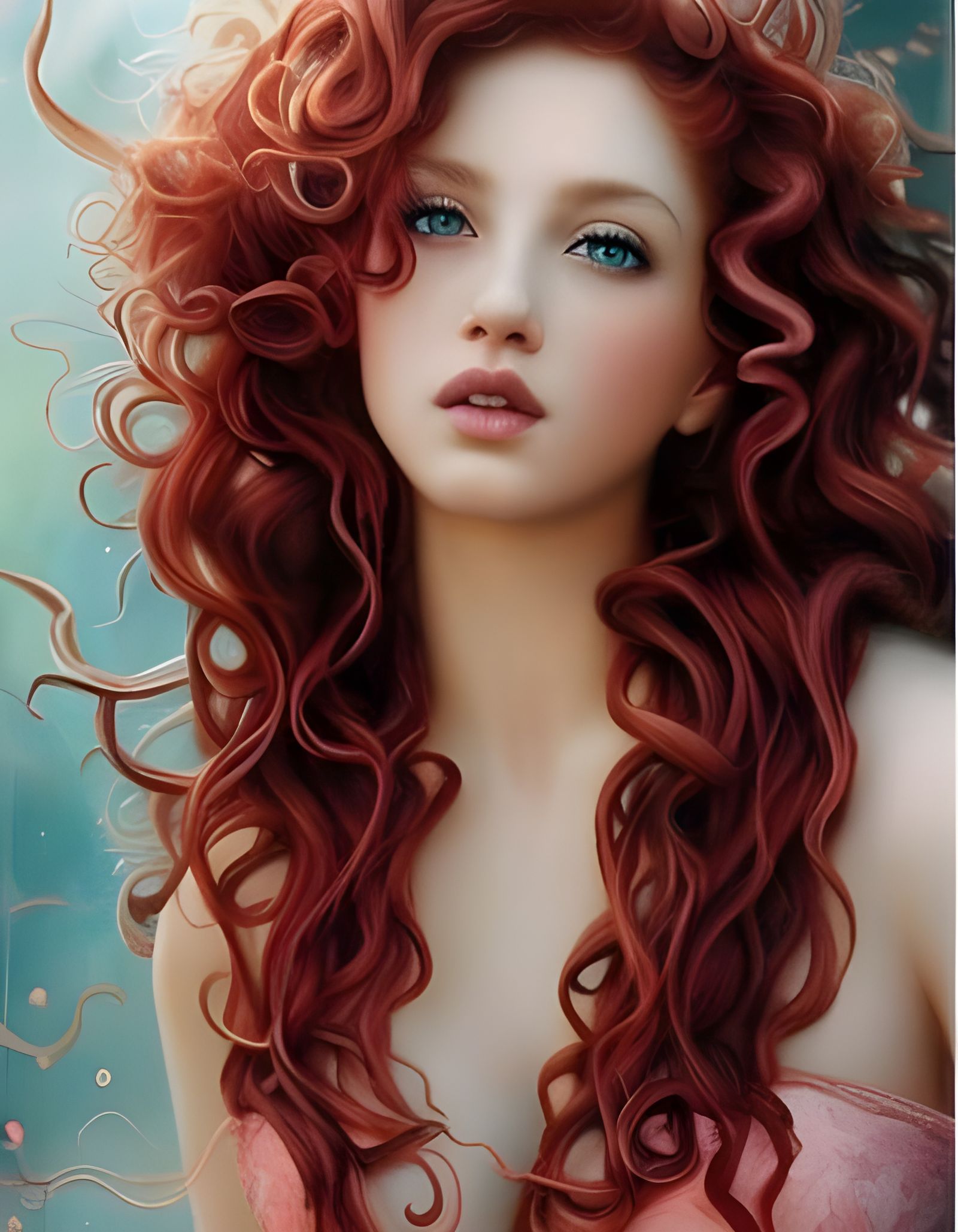 Beautiful Girl with Tight Red Curls as Watercolor