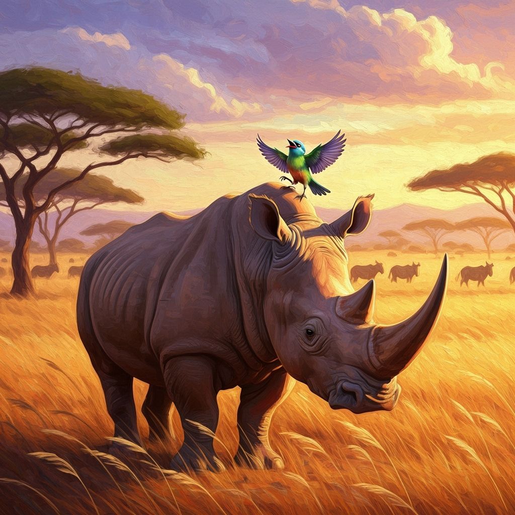Rhino and Bird at Sunset on African Savannah, Painterly Styl...