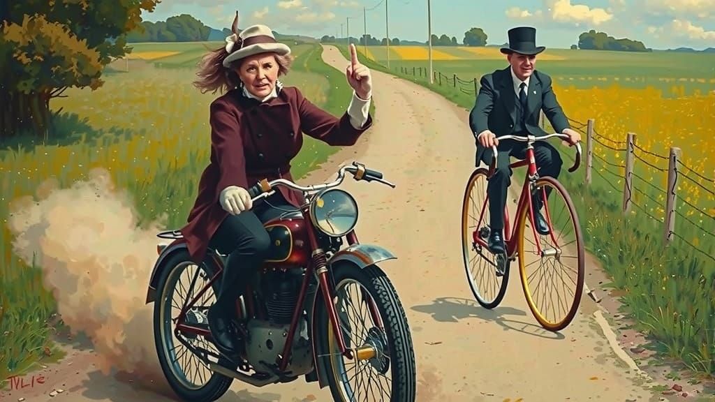 Victorian Woman on Motorcycle Defies Gentleman on Bicycle