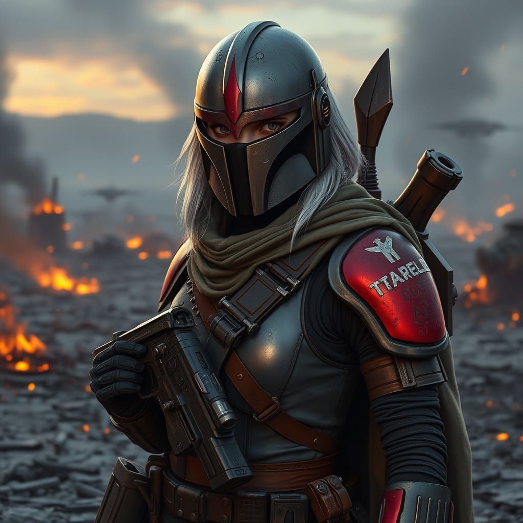 Battle-Hardened Mandalorian Warrior in Smoldering Battlefiel...