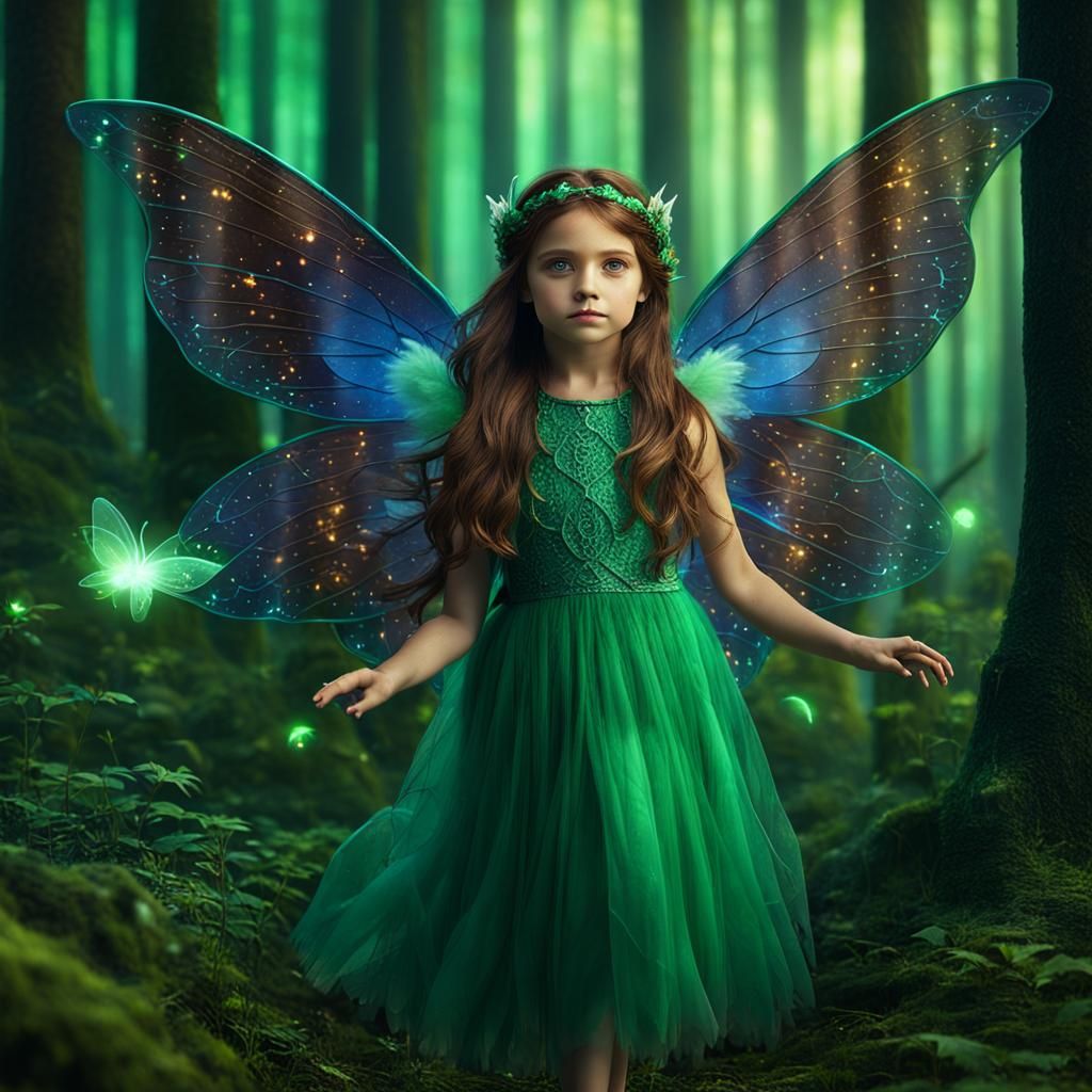Fantasy Girl with Fairy Wings in Forest, Detailed Art