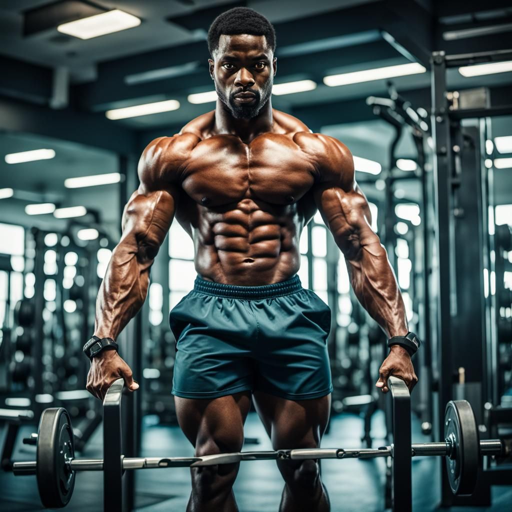 Muscular Man Flexing in Gym: Cinematic Film Still