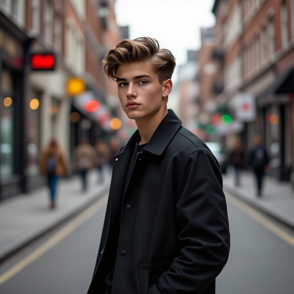 Handsome Teenager Walks Down Street with Hand in Pocket
