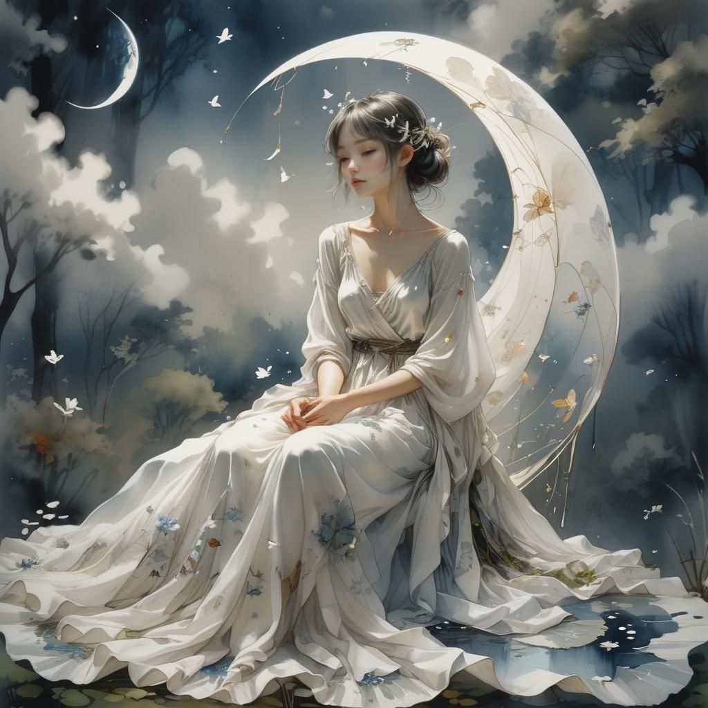 Ethereal Fairy in Forest: Ink and Watercolor Sketch